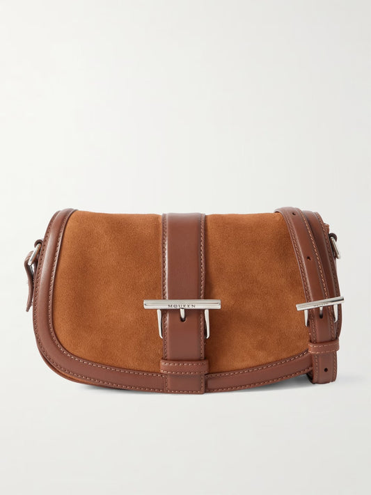 Leather-trimmed suede shoulder bag