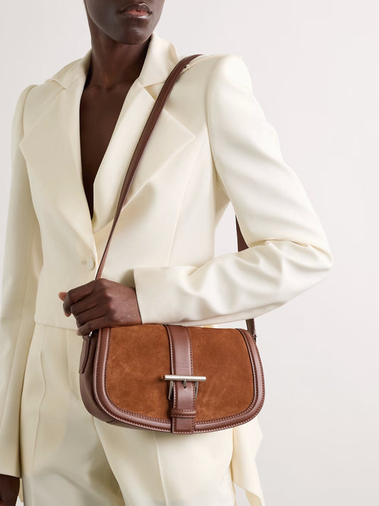 Leather-trimmed suede shoulder bag